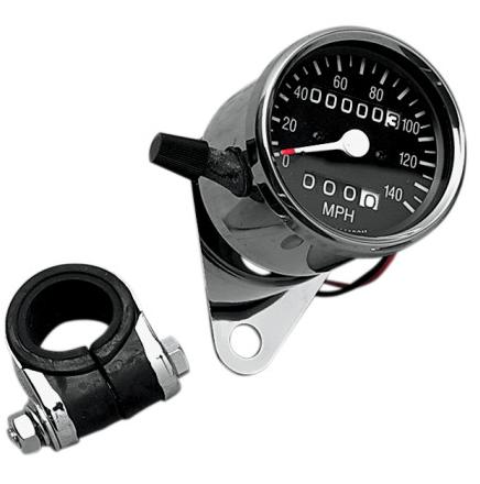 Drag Specialties DS-243813 2.4in. Mini Mechanical Speedometer - 140 MPH - 2:1 Ratio - Black Face and Tripmeter