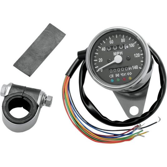Drag Specialties 2210-0208 2.4in. Mini Mechanical Speedometer with LED Indicators - 2:1 Ratio - Black Face