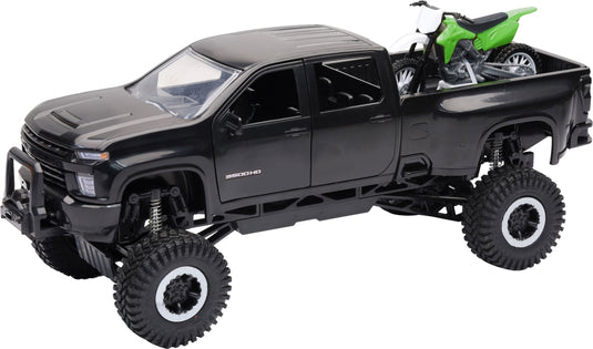 New Ray Toys SS-37596 1:20 Scale Chevrolet 3500 HD Offroad Pick up w/Green Dirt Bike