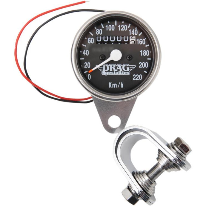 Drag Specialties 2210-0330 220 KM/H Mini Mechanical Speedometers w/ Chrome Housing - 2:1 Ratio w/ Black Face