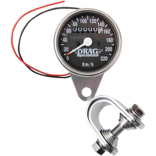 Drag Specialties 2210-0330 220 KM/H Mini Mechanical Speedometers w/ Chrome Housing - 2:1 Ratio w/ Black Face