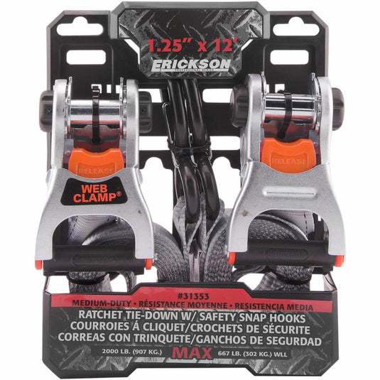 Erickson 31353 1.25in. x 12ft. Deluxe Tie-Downs with Web Clamps and Safety Hooks