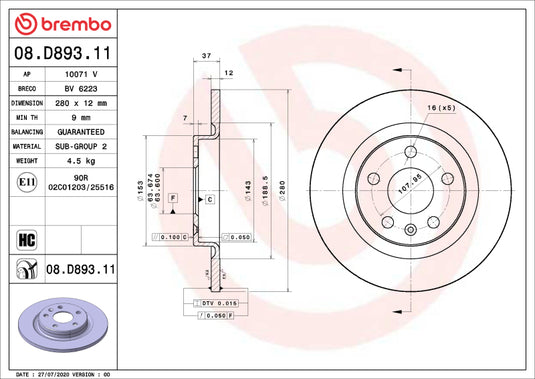 Brembo Oe 08.D893.11 BRE UV Coated OE Equiv Rotors