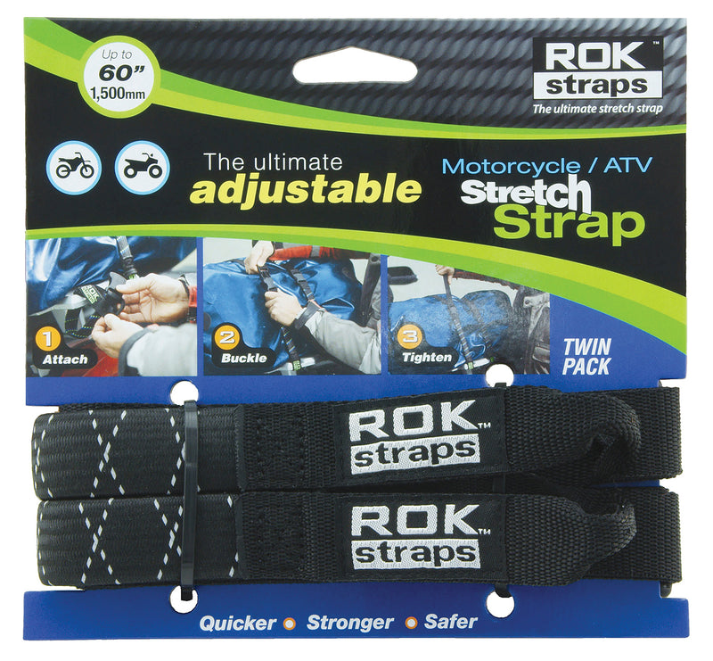 ROK Straps 2014-003 60in. Heavy Duty Stretch Straps - Black with Reflective Stripes