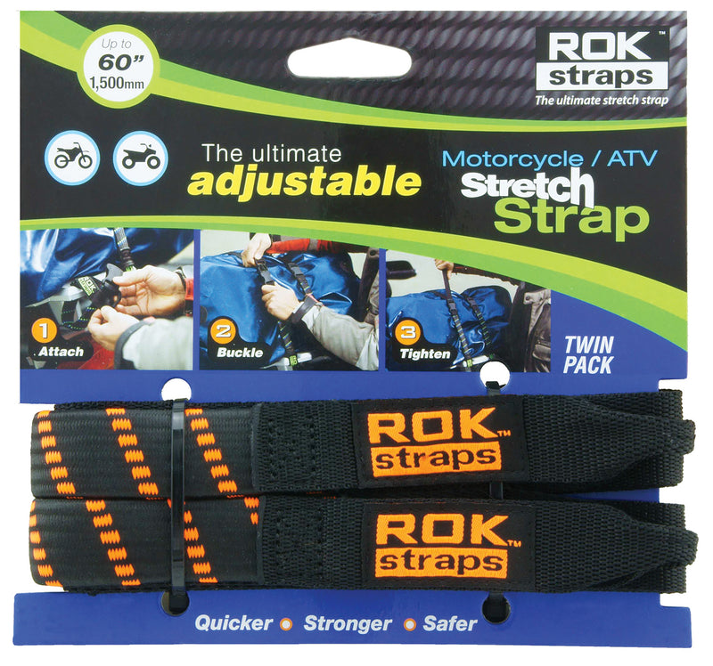 ROK Straps 2014-002 60in. Heavy Duty Stretch Straps - Black with Orange Stripes